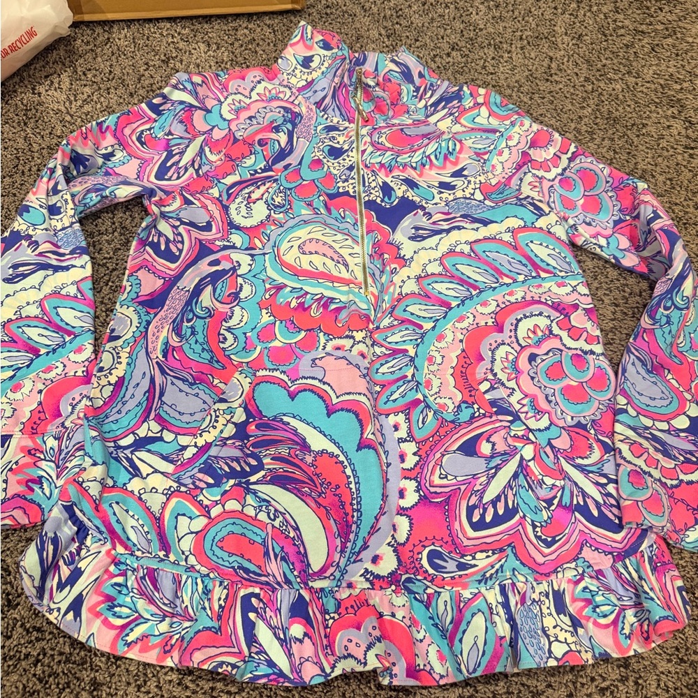 Lilly Pulitzer Killian Popover Pink Tropics Mermaids Call UPF 50 Medium Pullover - Picture 2 of 6